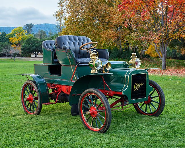 1903 Cadillac Model B Tonneau Race Car Green 3/4 Front View By Trees ...